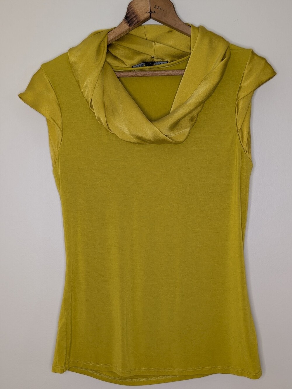 Antonio Melani Chartreuse 100% Silk Trim Top Jersey Knit Cowl Neck Women's XS